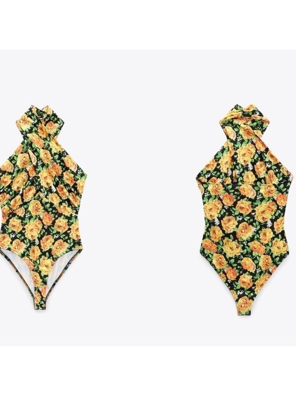 Zara black yellow rose floral flower halter CROSS NECK BODYSUIT Sz L NWT